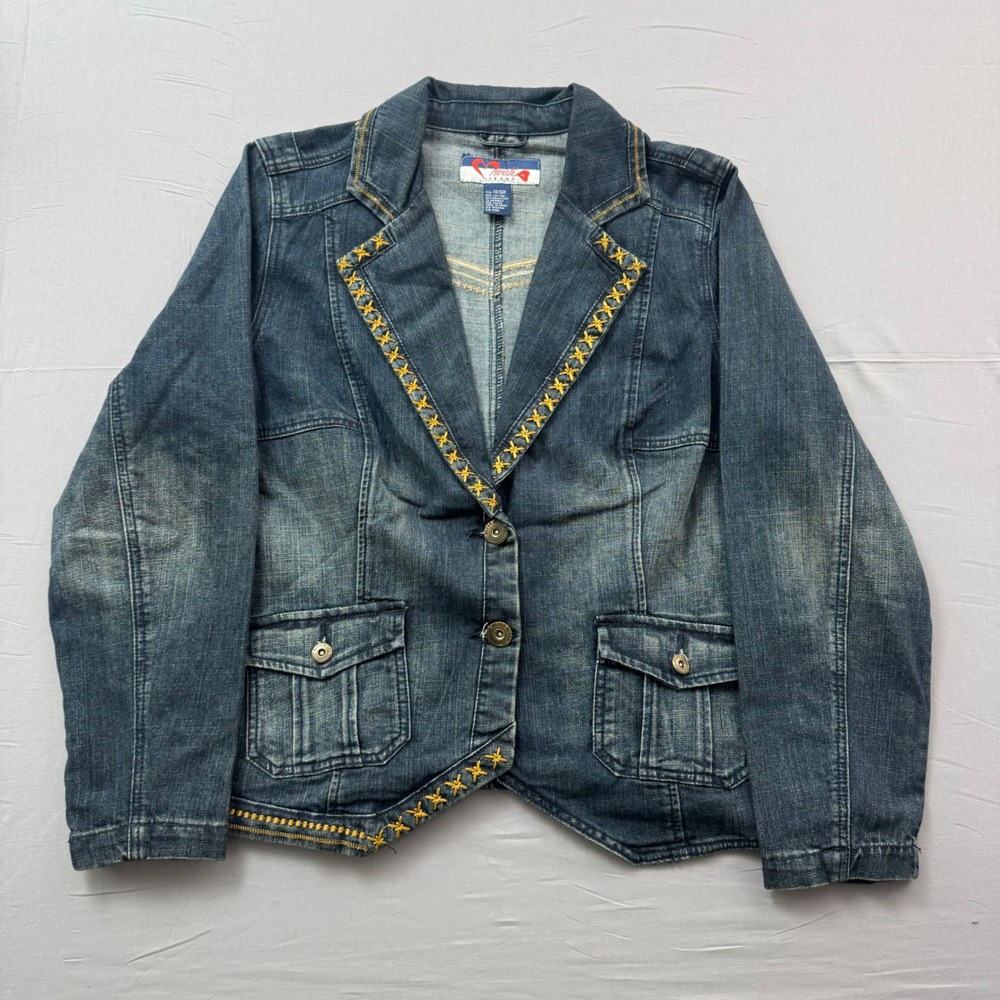 Mwah Jeans Womens Blue Denim Blazer Jacket Yellow Embroidery Boho Western 14/16W